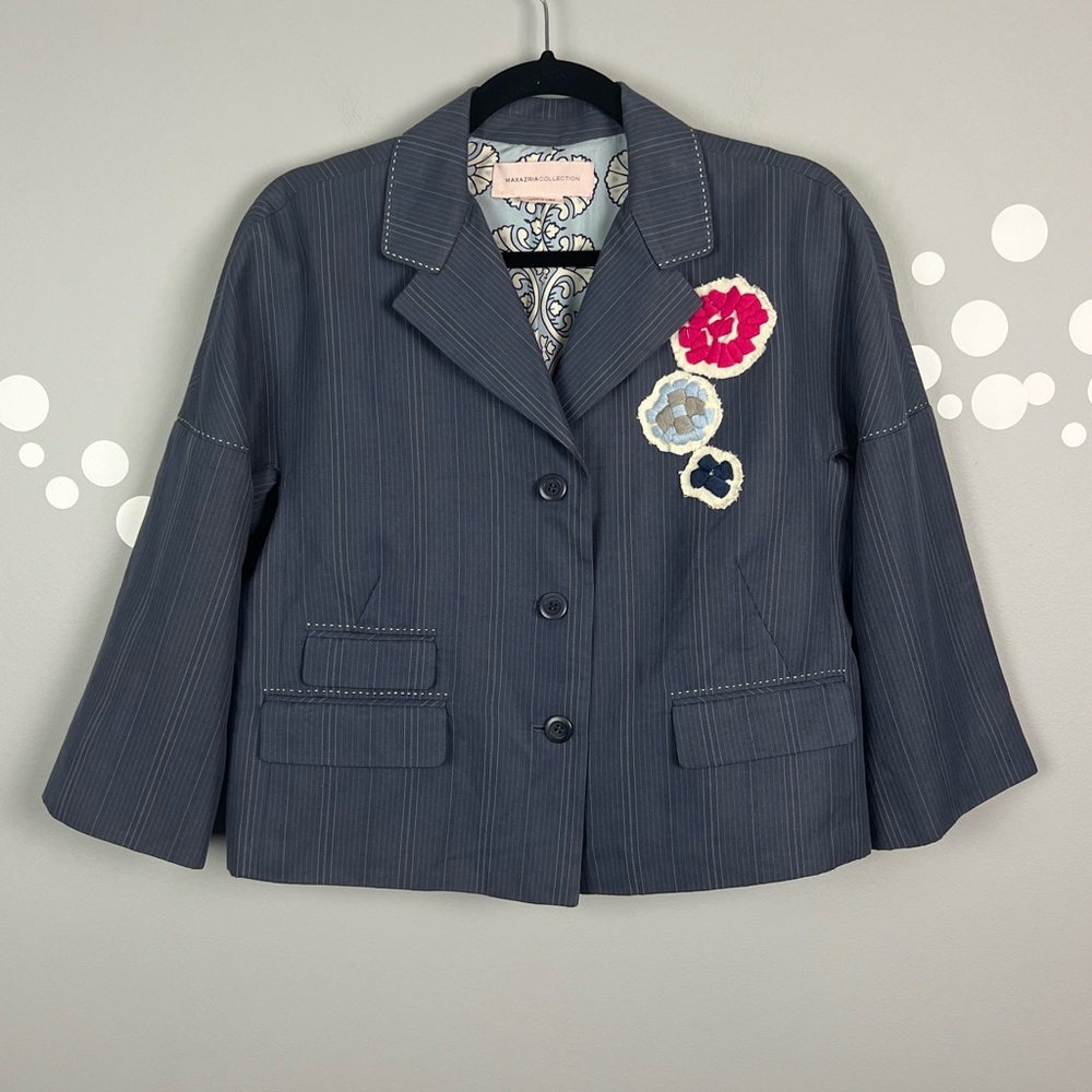 MAXAZRIA Collection Pinstripe Blazer Jacket Appliqué Flowers 3/4 Sleeve